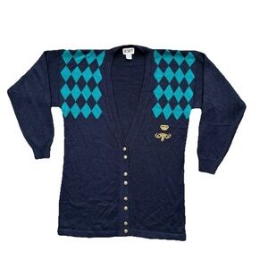 Vintage Koret Cardigan S Blue Argyle Gold Buttons Crown Crest Grandpa Y2K Wool